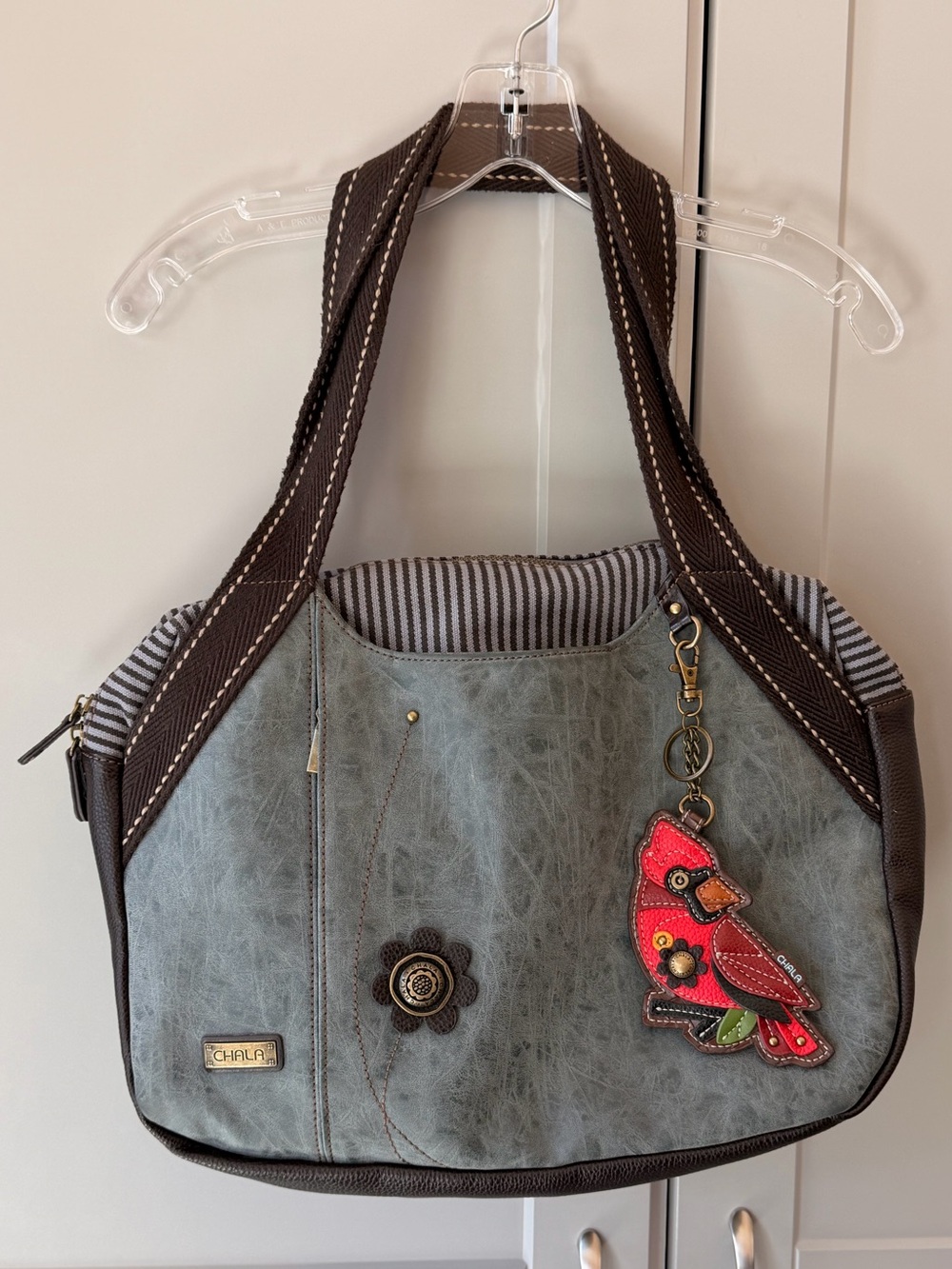 CHALA Bowling Bag Indigo Blue Gray Cardinal Bird Charm Shoulder Bag